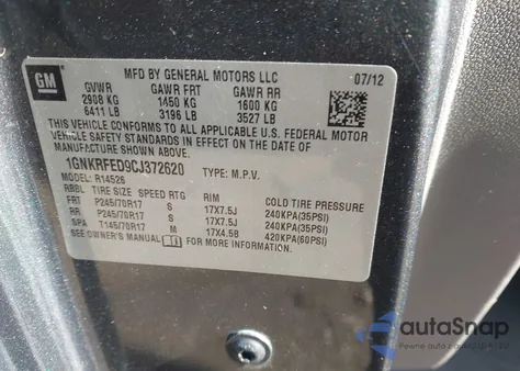 2012 Chevrolet Traverse Ls из США, поврежденный, VIN 1GNKRFED9CJ372620